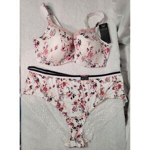 Voglo Padded T-Shirt Bra & Hipster Lingerie Set Size 42DD Floral Print With Lace